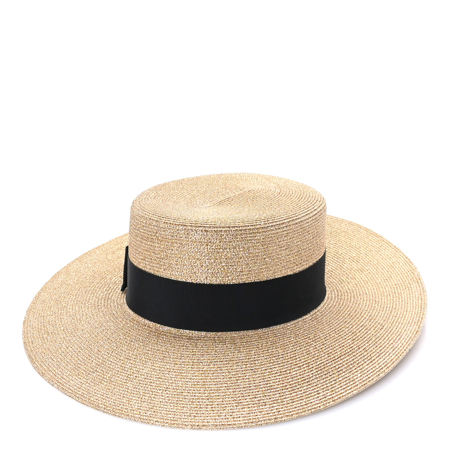 Gucci Glittered Straw Grosgrain Wide Brim Hat M  Gold Black Image 1