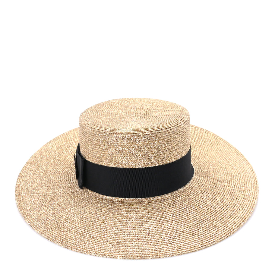 Gucci Glittered Straw Grosgrain Wide Brim Hat M  Gold Black Image 2