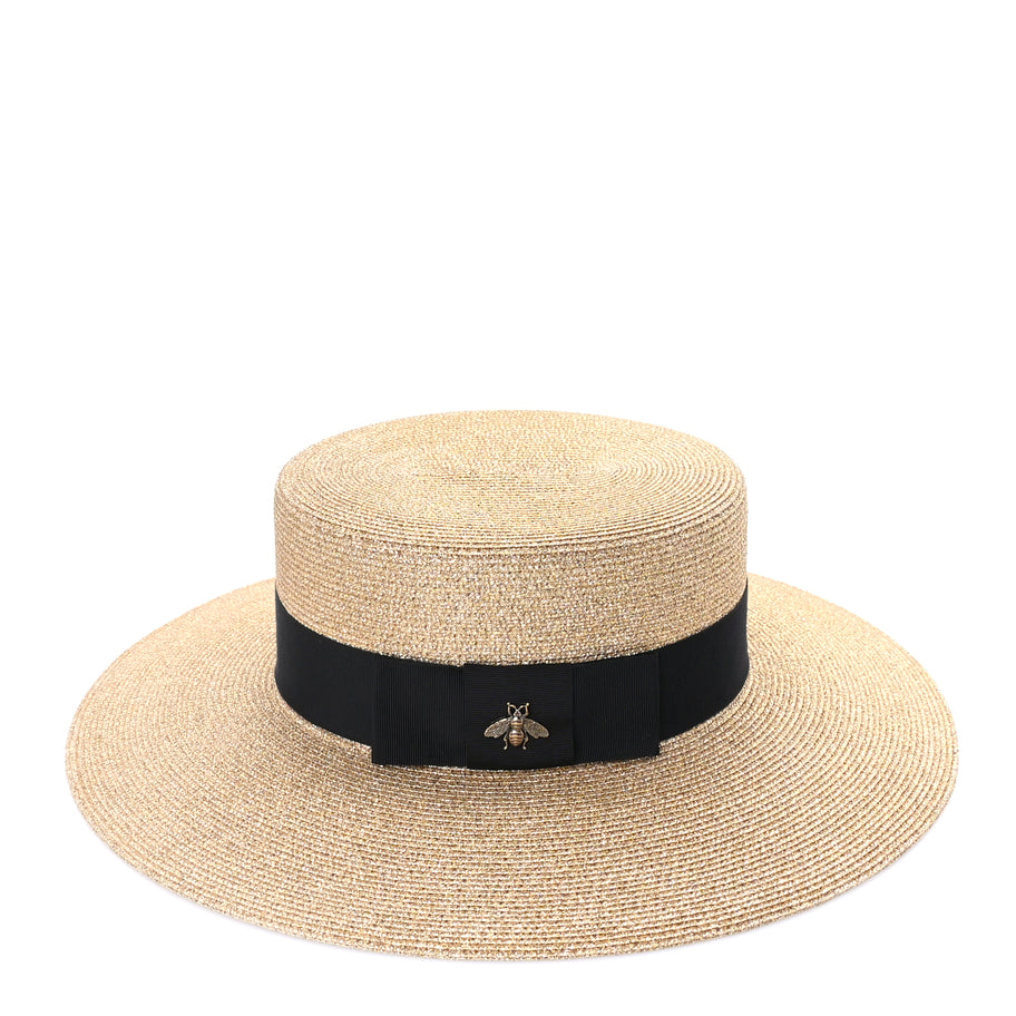 Gucci Glittered Straw Grosgrain Wide Brim Hat M  Gold Black Image 3