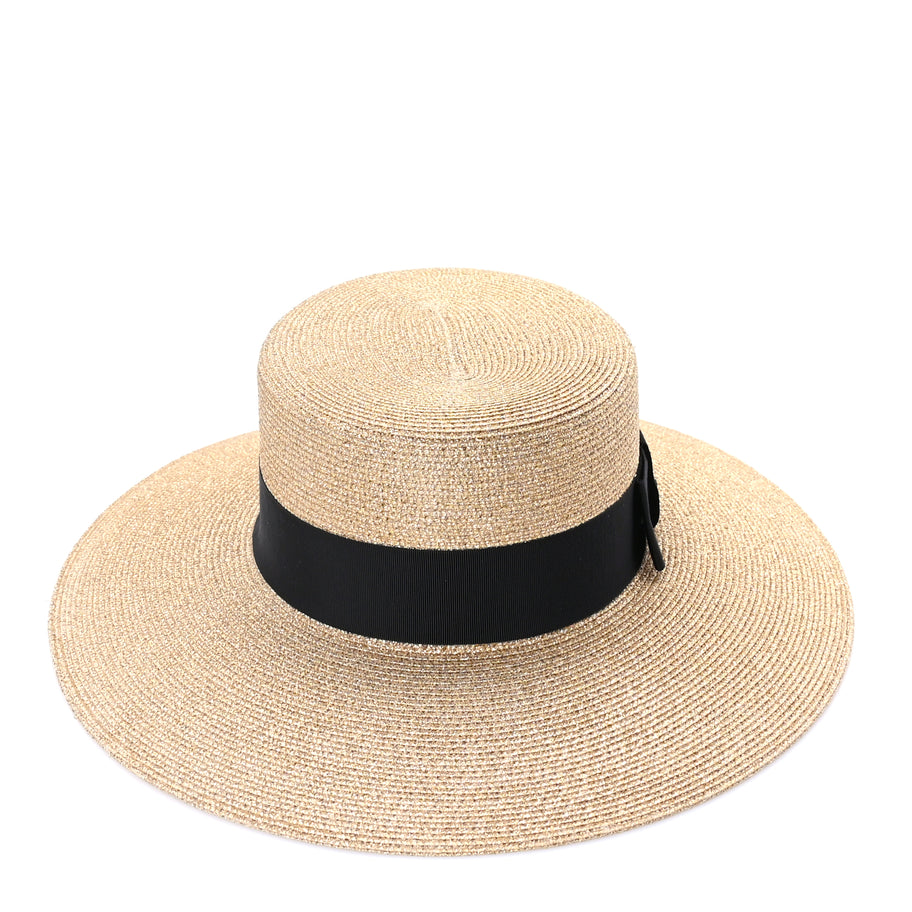 Gucci Glittered Straw Grosgrain Wide Brim Hat M  Gold Black Image 4