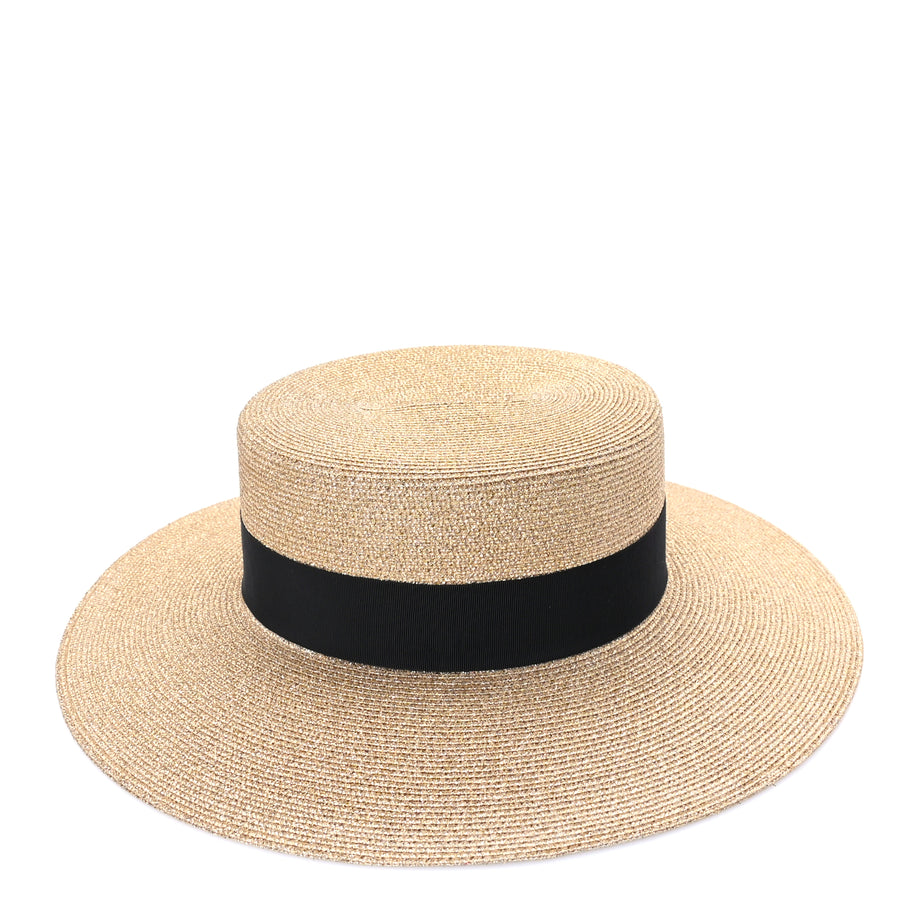 Gucci Glittered Straw Grosgrain Wide Brim Hat M  Gold Black Image 5
