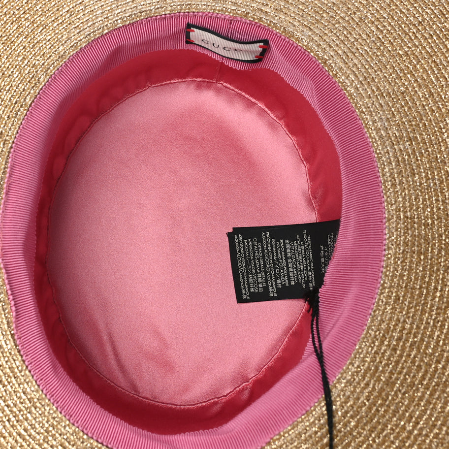 Gucci Glittered Straw Grosgrain Wide Brim Hat M  Gold Black Image 6