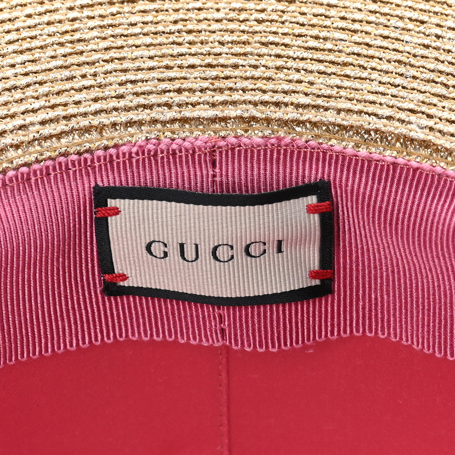 Gucci Glittered Straw Grosgrain Wide Brim Hat M  Gold Black Image 7