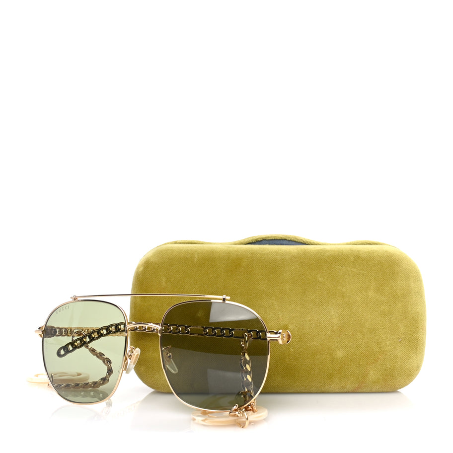 Gucci Aviator Charm Chain Sunglasses GG0727S  Gold Green Image 7