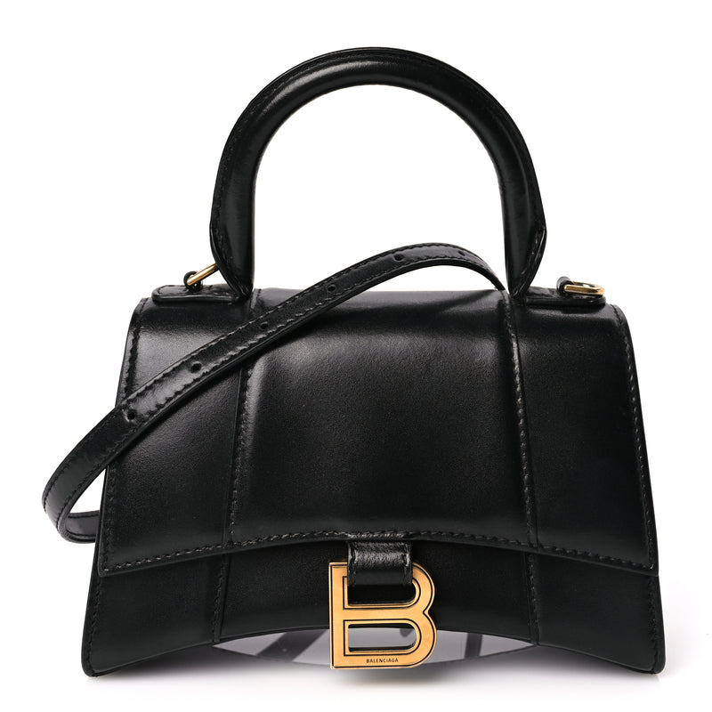  Balenciaga Shiny Box Calfskin Hourglass Top Handle Bag XS Black