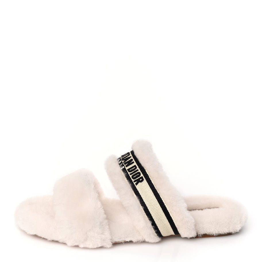Christian Dior Shearling Canvas Embroidered Chez Moi Strap Slide Sandal 37 Off White Black Image 1