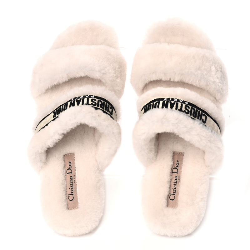  Christian Dior Shearling Canvas Embroidered Chez Moi Strap Slide Sandal 37 Off White Black