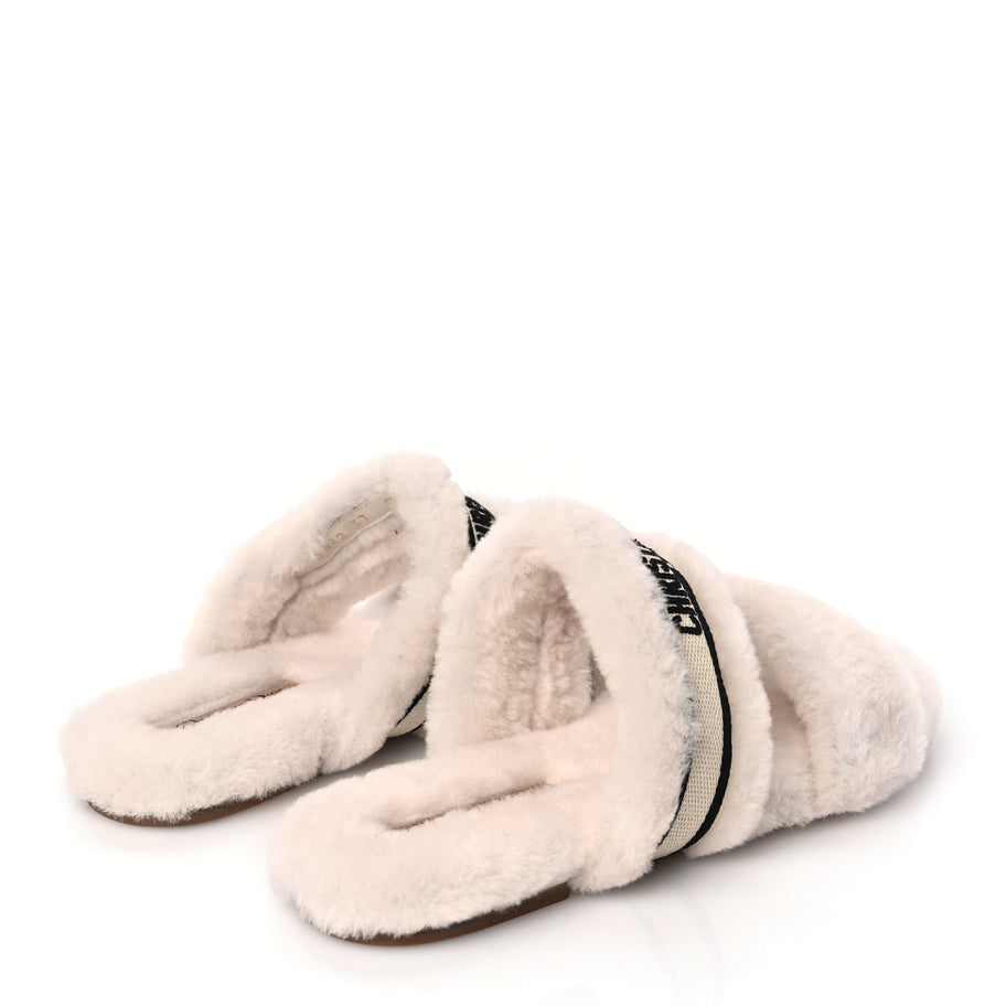 Christian Dior Shearling Canvas Embroidered Chez Moi Strap Slide Sandal 37 Off White Black Image 3