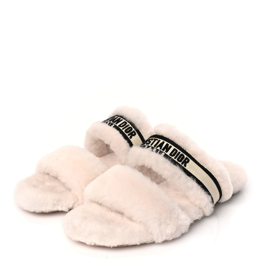 Christian Dior Shearling Canvas Embroidered Chez Moi Strap Slide Sandal 37 Off White Black Image 4