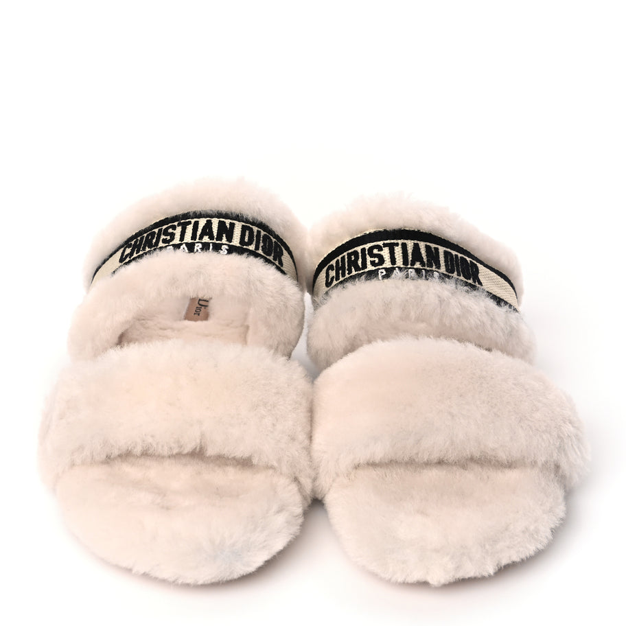 Christian Dior Shearling Canvas Embroidered Chez Moi Strap Slide Sandal 37 Off White Black Image 5