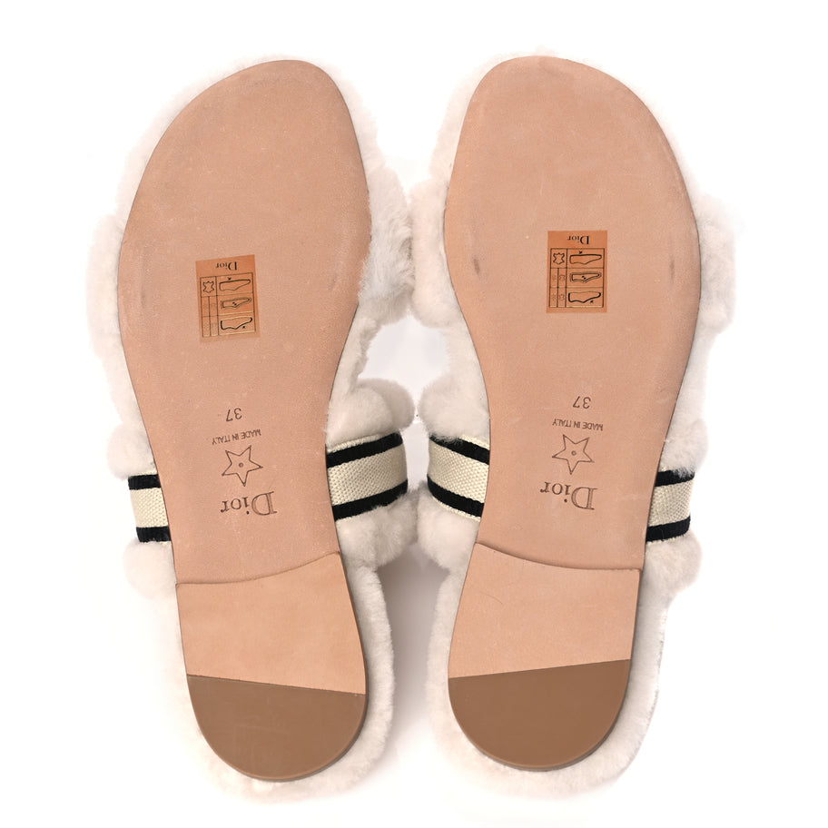 Christian Dior Shearling Canvas Embroidered Chez Moi Strap Slide Sandal 37 Off White Black Image 6