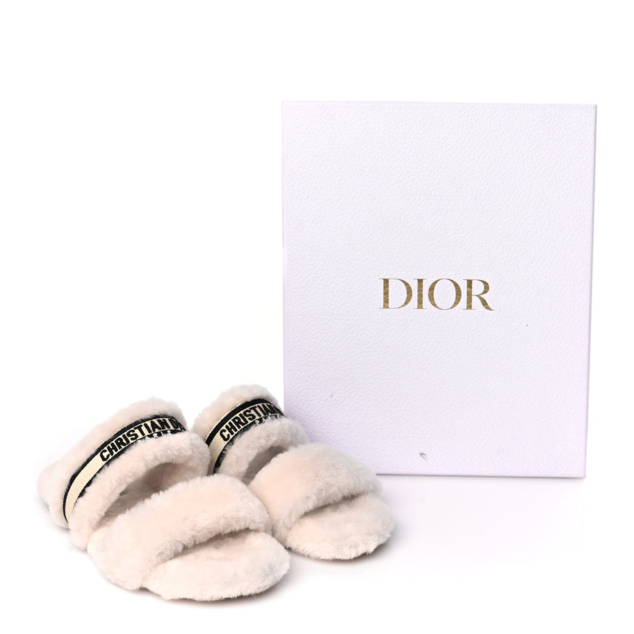 Christian Dior Shearling Canvas Embroidered Chez Moi Strap Slide Sandal 37 Off White Black Image 9