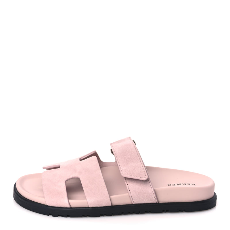  Hermes Suede Goatskin Womens Chypre Sandals 37 Rose Porcelaine