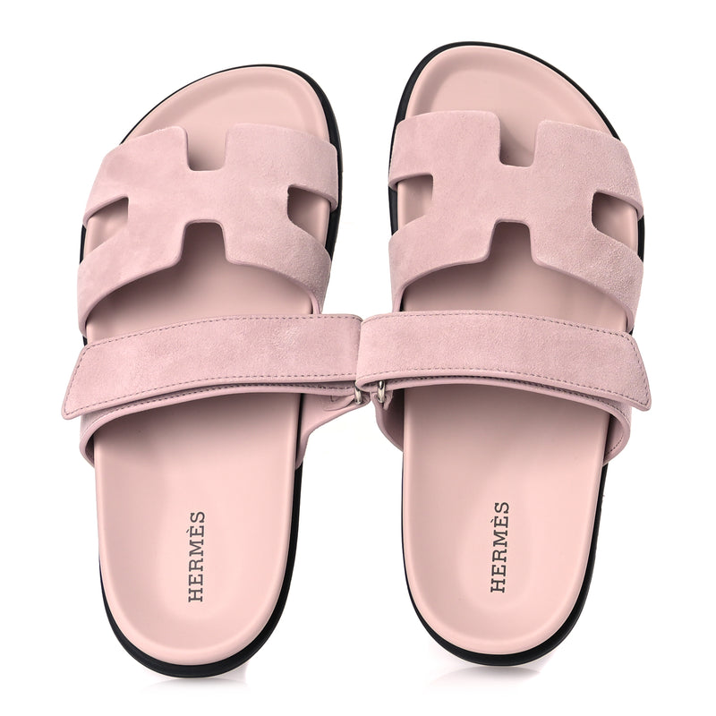  Hermes Suede Goatskin Womens Chypre Sandals 37 Rose Porcelaine