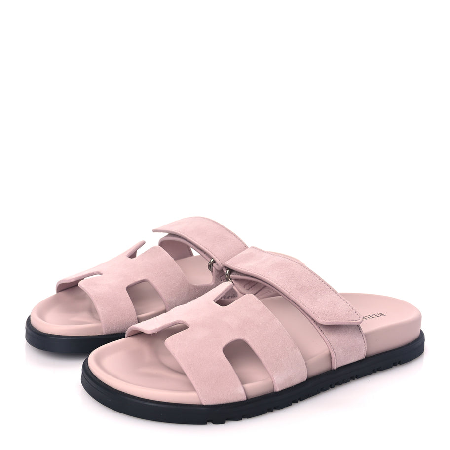 Hermes Suede Goatskin Womens Chypre Sandals 37 Rose Porcelaine Image 4
