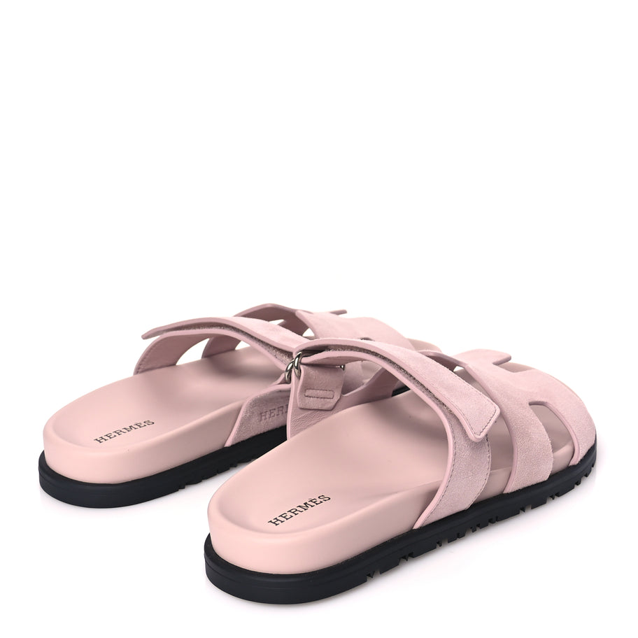 Hermes Suede Goatskin Womens Chypre Sandals 37 Rose Porcelaine Image 5
