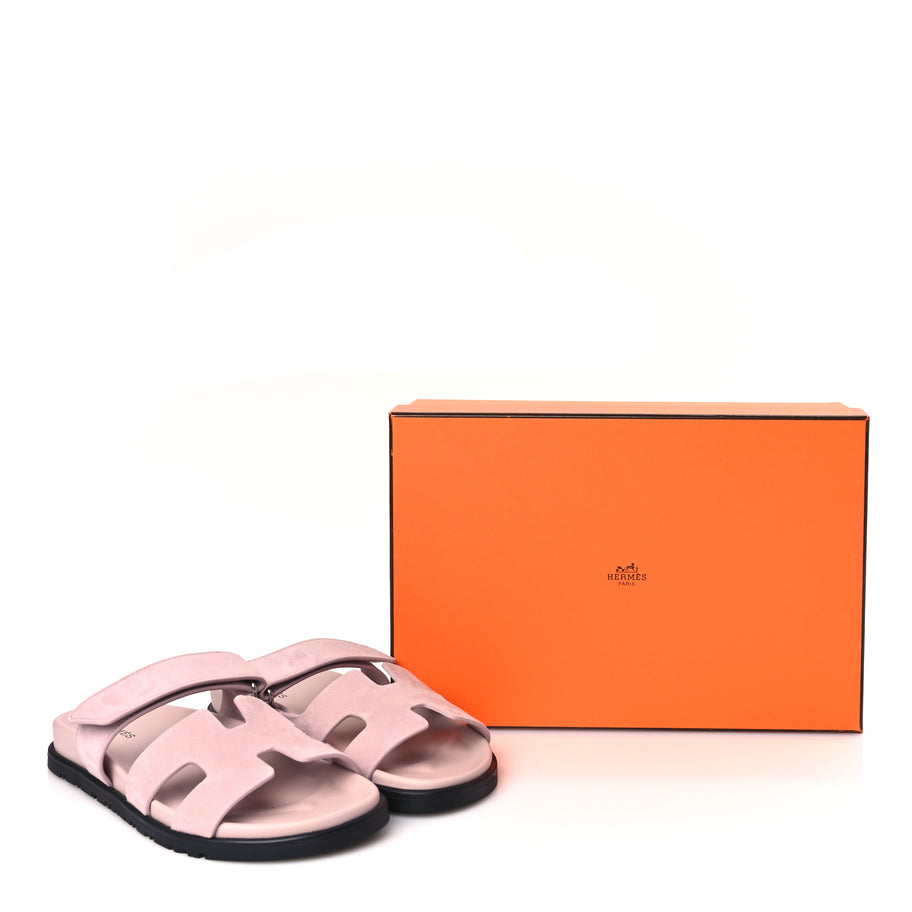 Hermes Suede Goatskin Womens Chypre Sandals 37 Rose Porcelaine Image 9