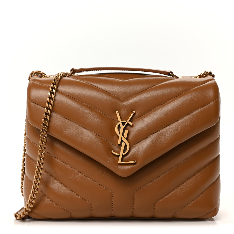  Saint Laurent Calfskin Y Quilted Monogram Small Loulou Chain Satchel  Dark Natural