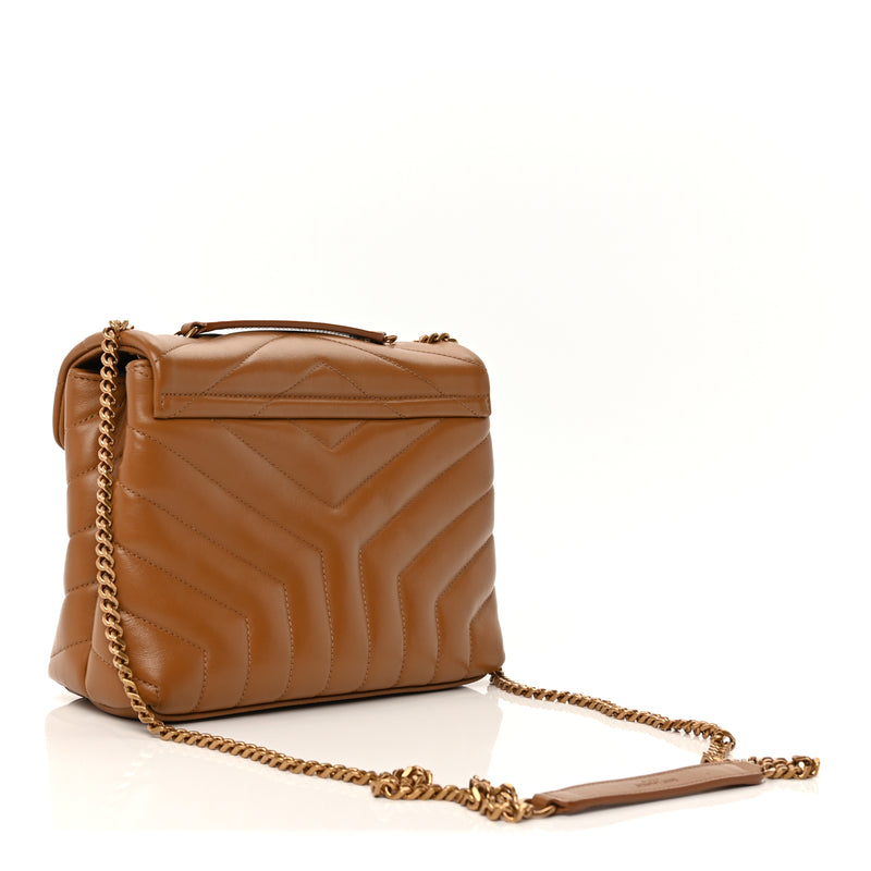  Saint Laurent Calfskin Y Quilted Monogram Small Loulou Chain Satchel  Dark Natural