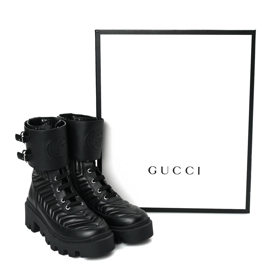 Gucci Nappa Frances GG Matelasse Platform Combat Boots 37 Black Image 8
