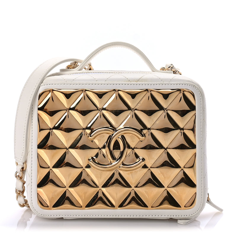  Chanel Lambskin Quilted Golden Plate Vanity Case White Gold