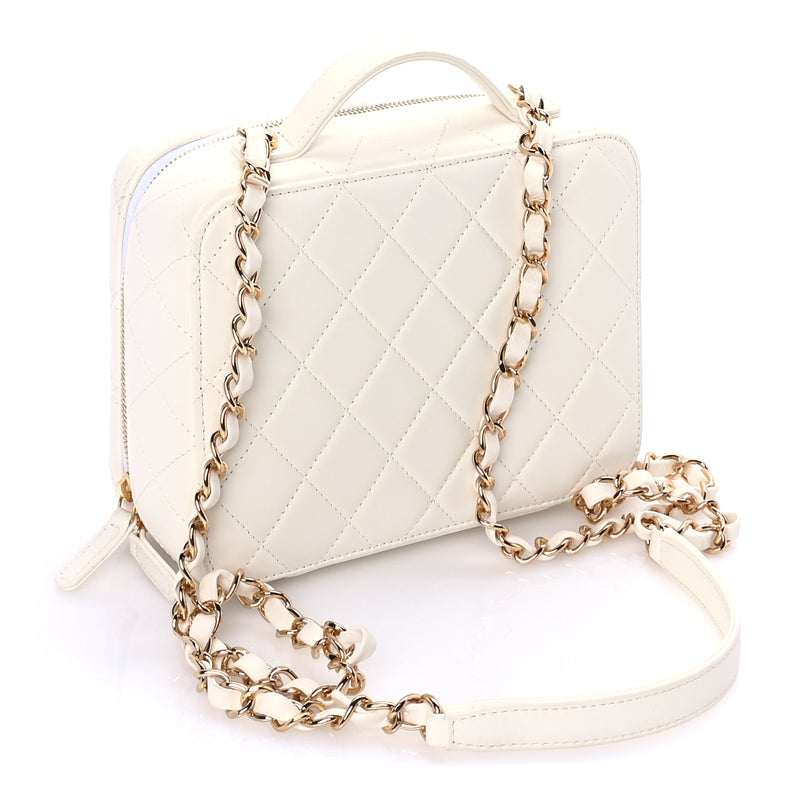  Chanel Lambskin Quilted Golden Plate Vanity Case White Gold