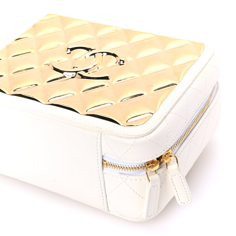 Chanel Lambskin Quilted Golden Plate Vanity Case White Gold Image 9