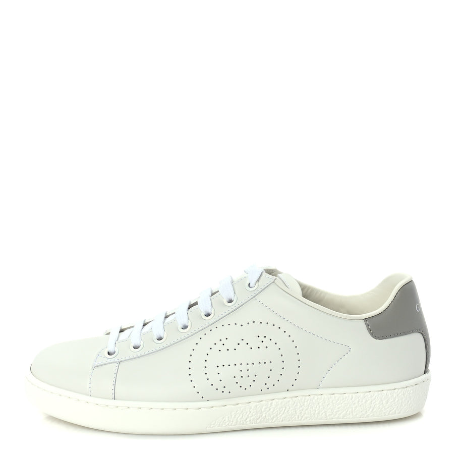 Gucci Calfskin Interlocking G Perforated Womens Ace Sneakers 37.5 White Grey Sky Image 1