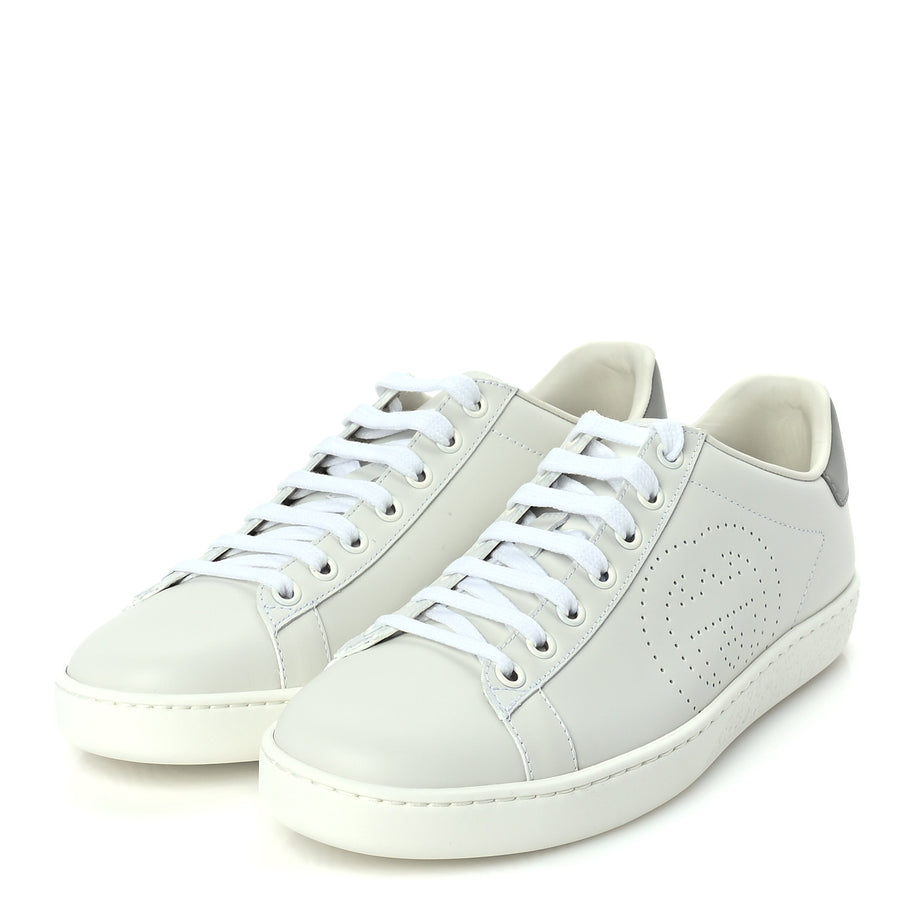Gucci Calfskin Interlocking G Perforated Womens Ace Sneakers 37.5 White Grey Sky Image 2