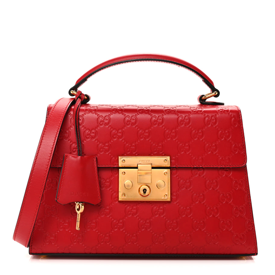 Gucci Guccissima Signature Small Padlock Top Handle Bag Hibiscus Red Image 1
