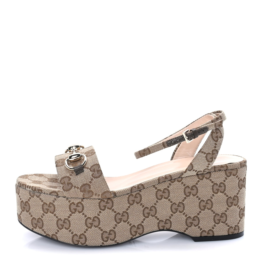 Gucci Monogram Nappa Chalotte Horsebit Ankle Strap 75mm Flatform Sandals 38  Beige Ebony Image 1