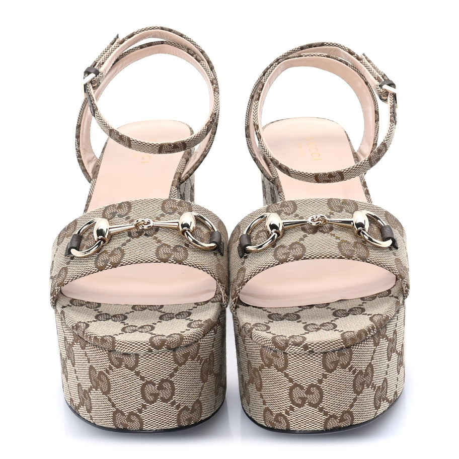 Gucci Monogram Nappa Chalotte Horsebit Ankle Strap 75mm Flatform Sandals 38  Beige Ebony Image 3