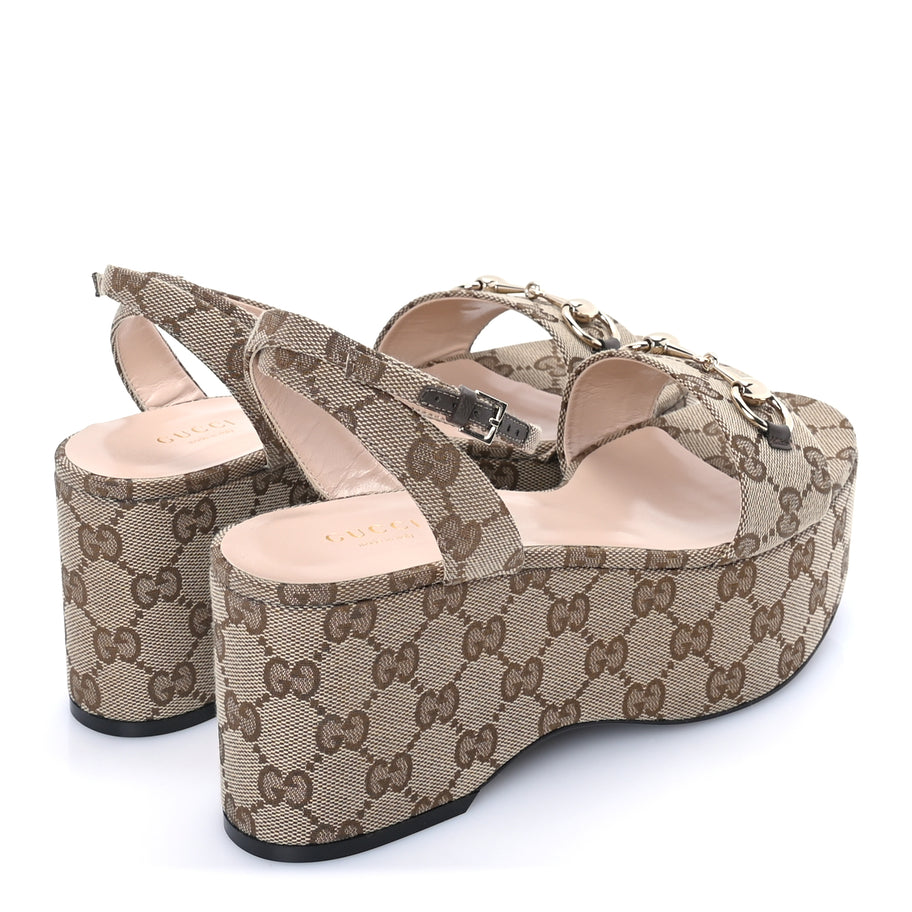 Gucci Monogram Nappa Chalotte Horsebit Ankle Strap 75mm Flatform Sandals 38  Beige Ebony Image 4