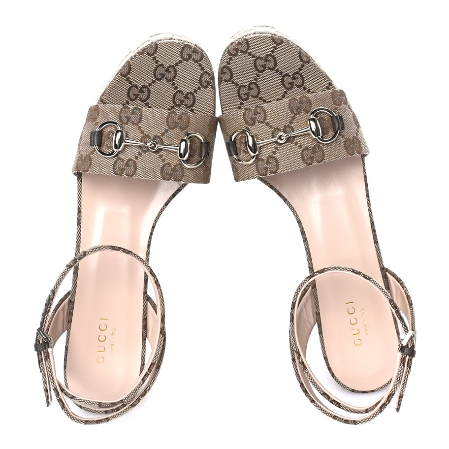 Gucci Monogram Nappa Chalotte Horsebit Ankle Strap 75mm Flatform Sandals 38  Beige Ebony Image 5