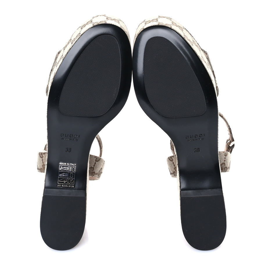 Gucci Monogram Nappa Chalotte Horsebit Ankle Strap 75mm Flatform Sandals 38  Beige Ebony Image 6