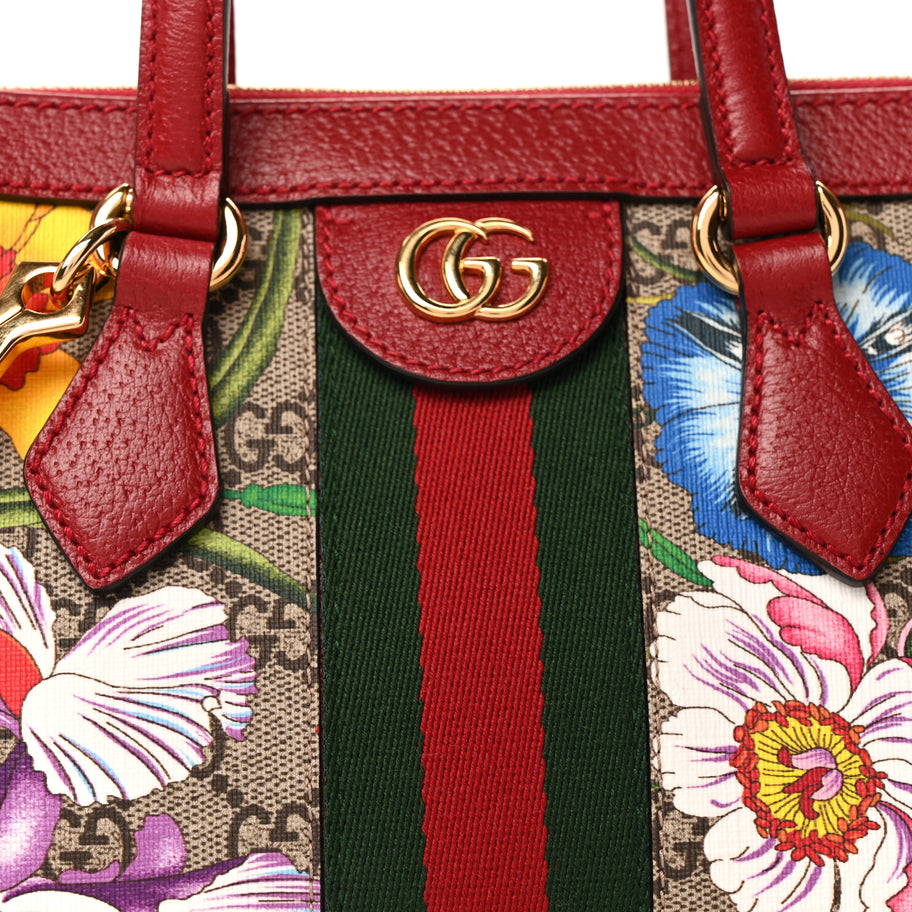 Gucci GG Supreme Monogram Flora Web Small Ophidia Tote Bag Red Image 6