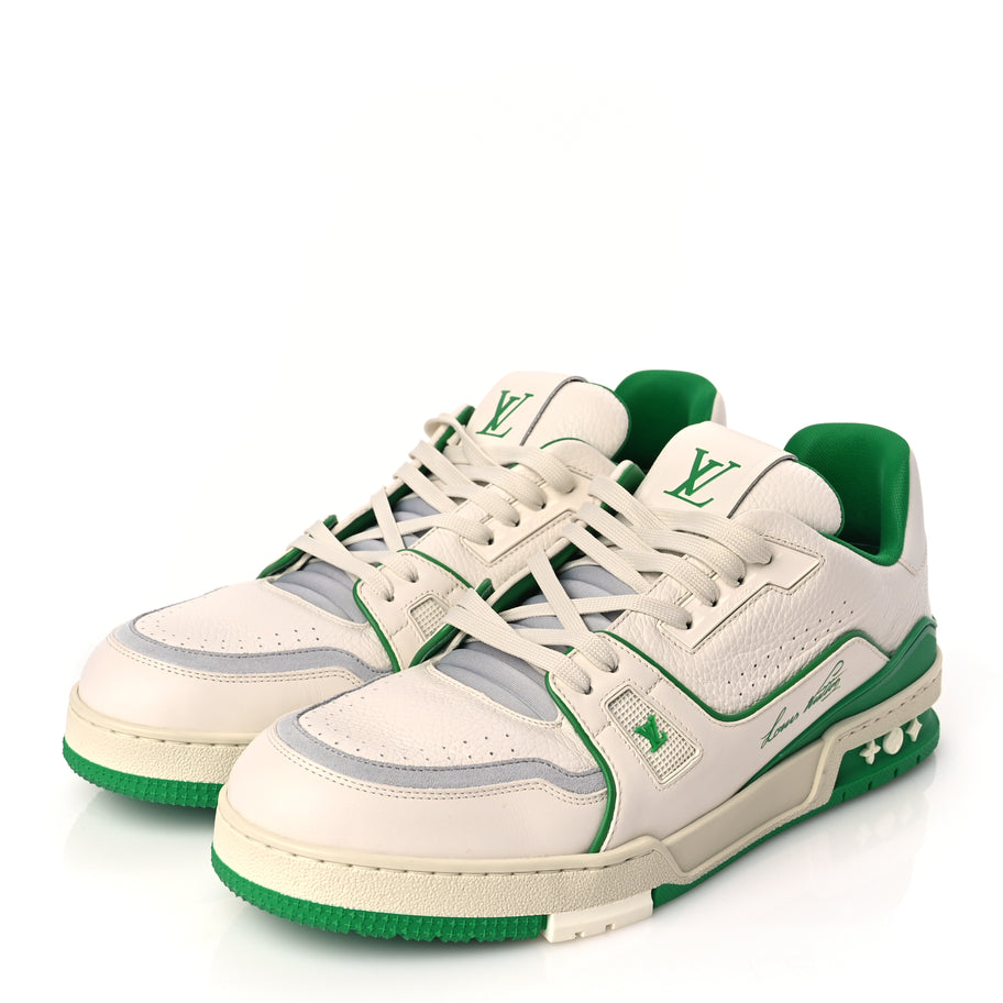 Louis Vuitton Grained Calfskin Script Mens LV Trainer Sneakers 10 Green Image 4