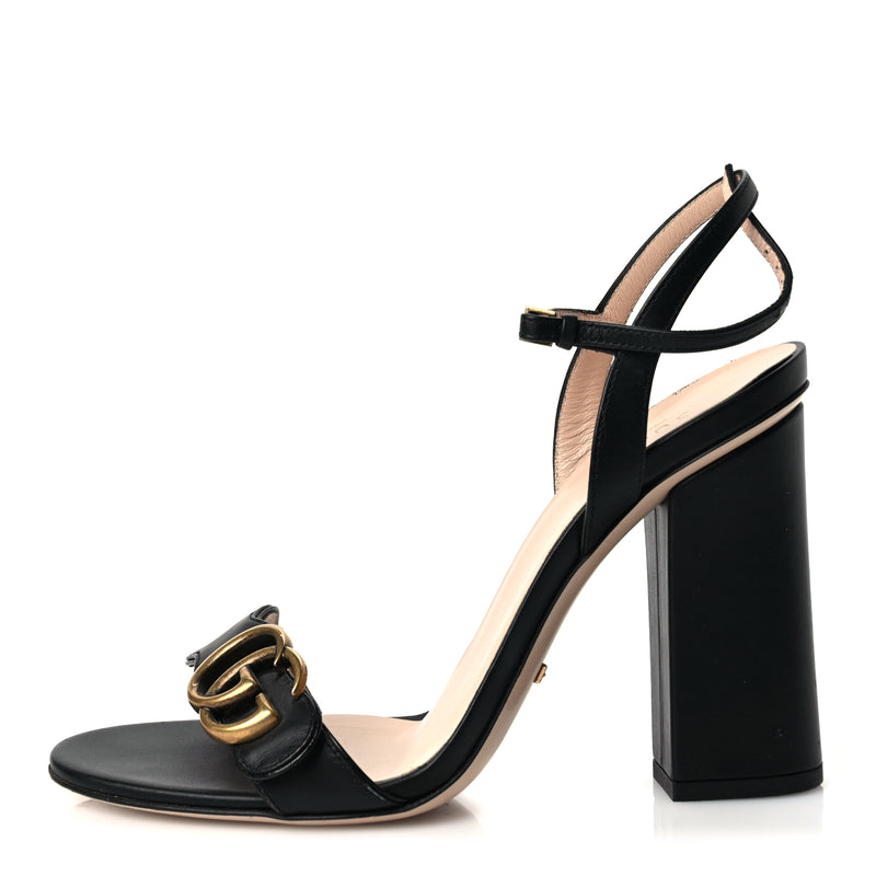 Gucci Lifford Calfskin GG Marmont Ankle Wrap 105mm Sandals Black