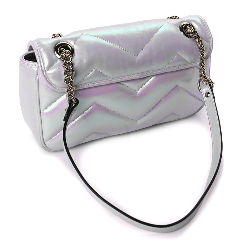  Gucci Iridescent Nappa Chevron Matelasse Small GG Marmont Shoulder Bag Snow Light Blue