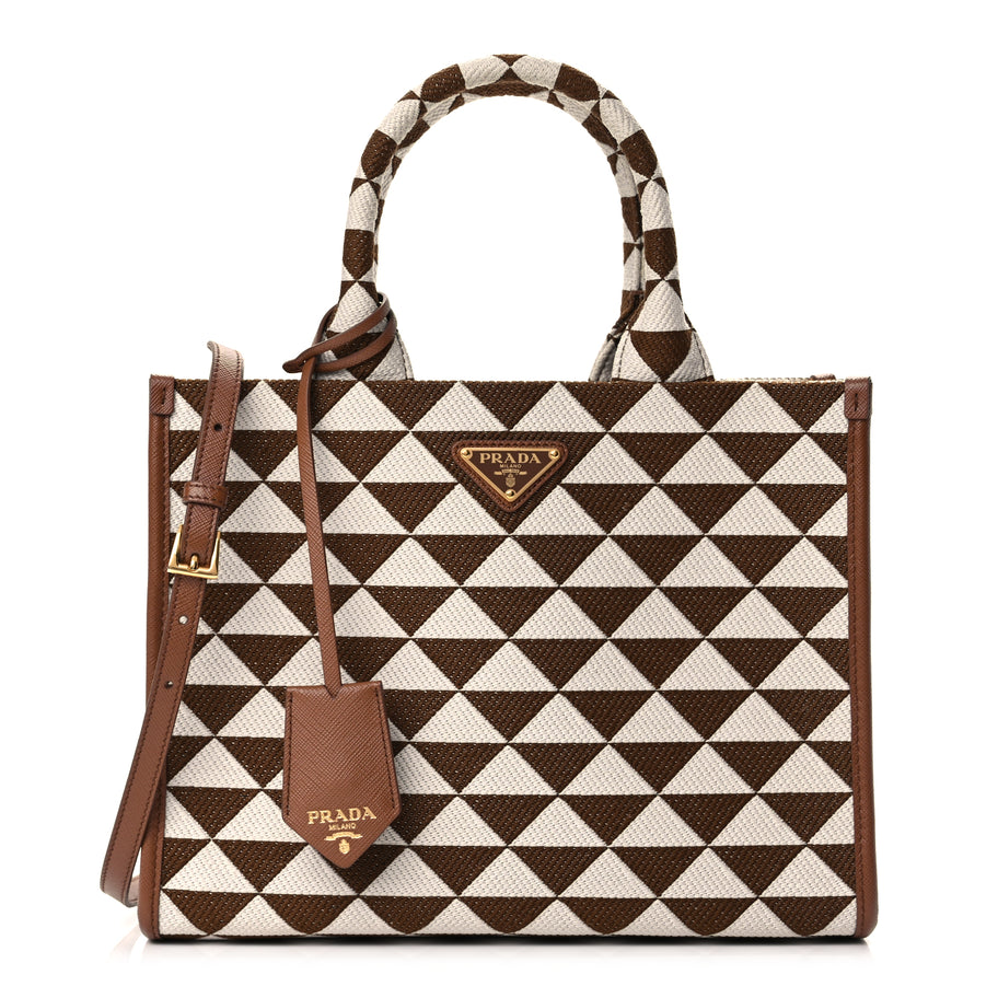 Prada Jacquard Saffiano Triangolo Symbole Embroidered Small Tote Tobacco Talco Tabacco/Talco Image 1