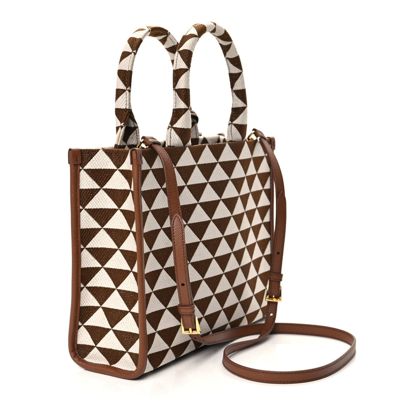  Prada Jacquard Saffiano Triangolo Symbole Embroidered Small Tote Tobacco Talco Tabacco/Talco