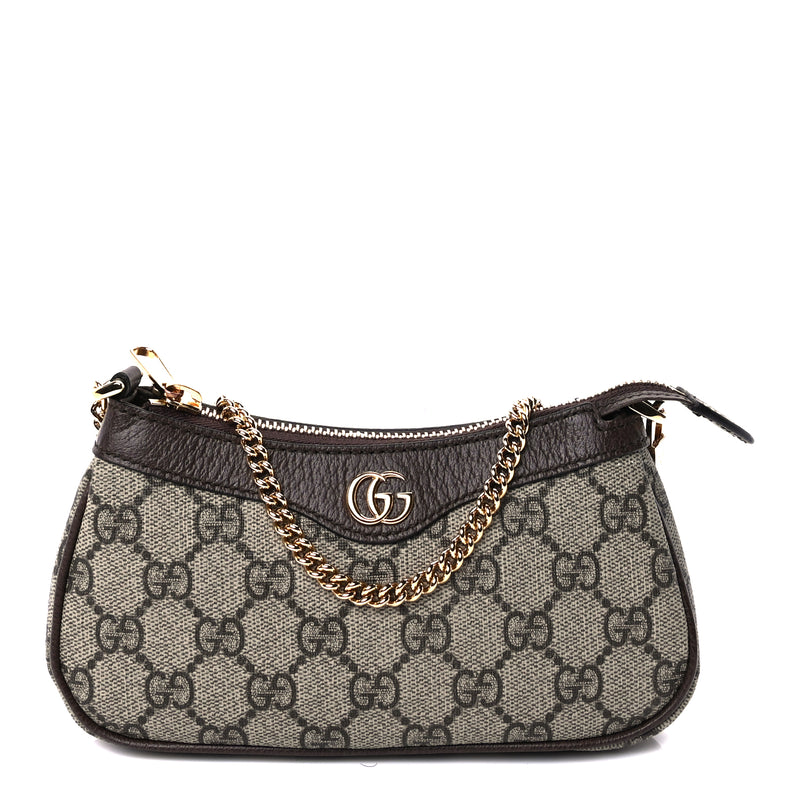  Gucci GG Supreme Monogram Textured Dollar Calfskin Mini Ophidia Chain Bag Beige Ebony