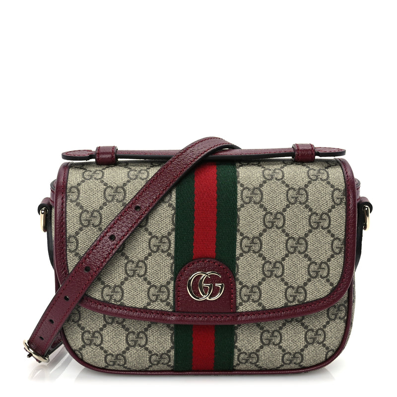  Gucci GG Supreme Monogram Textured Dollar Calfskin Small Ophidia Top Handle Shoulder Bag Beige Bordeaux