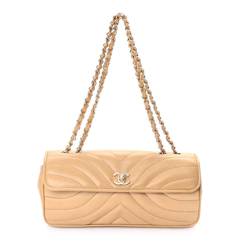  Chanel Lambskin Chevron Small East West Single Flap Bag Beige