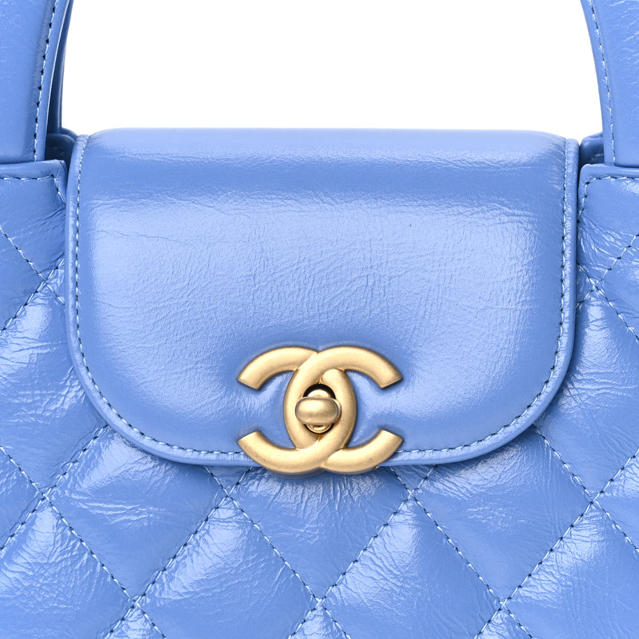 Chanel Shiny Aged Calfskin Quilted Nano Kelly Shopper Blue Blue Image 7