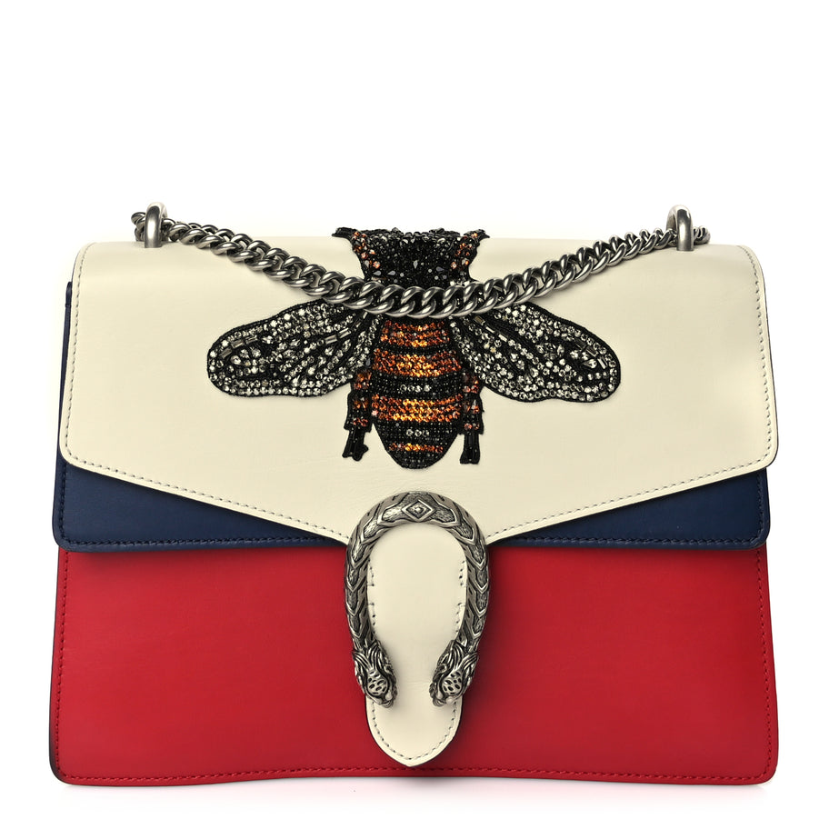 Gucci Calfskin Bee Embroidered Medium Dionysus Shoulder Bag White Blue Hibiscus Red Image 1