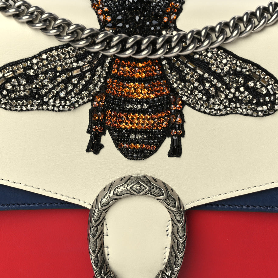 Gucci Calfskin Bee Embroidered Medium Dionysus Shoulder Bag White Blue Hibiscus Red Image 7