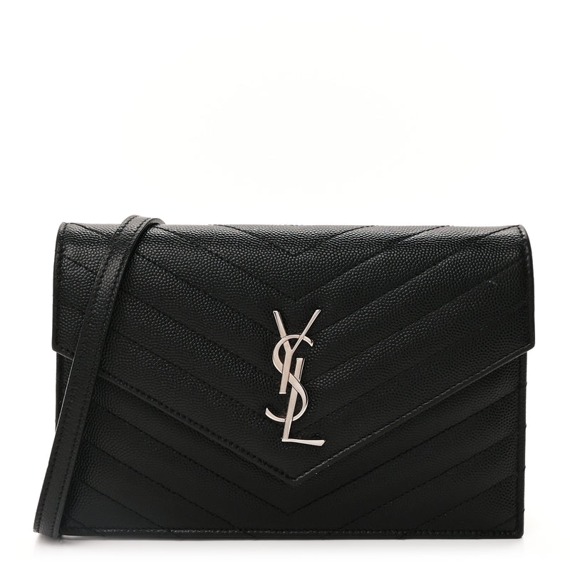  Saint Laurent Grain De Poudre Matelasse Chevron Monogram Envelope Chain Wallet Black
