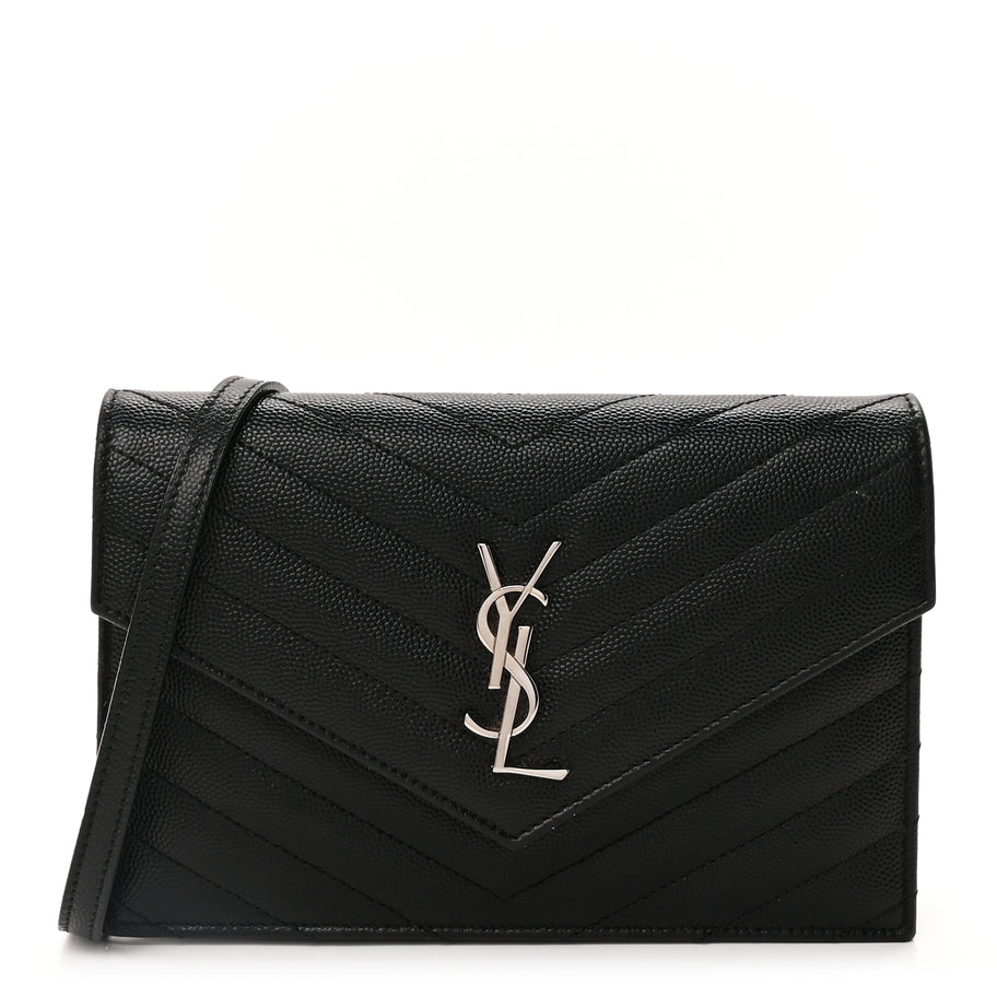 Saint Laurent Grain De Poudre Matelasse Chevron Monogram Envelope Chain Wallet Black Image 1