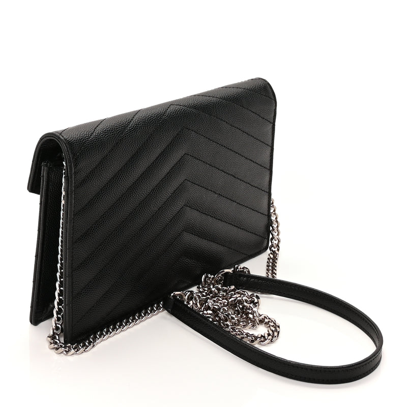  Saint Laurent Grain De Poudre Matelasse Chevron Monogram Envelope Chain Wallet Black